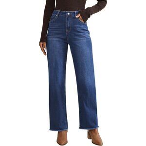 Women’s High Waisted Straight Leg Jeans Frayed Hem Stretchy Denim Casual
